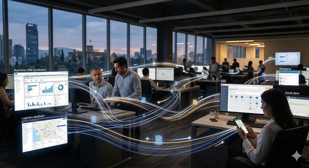 Vista panorámica de equipos y sistemas conectados por flujos de IA operativa.